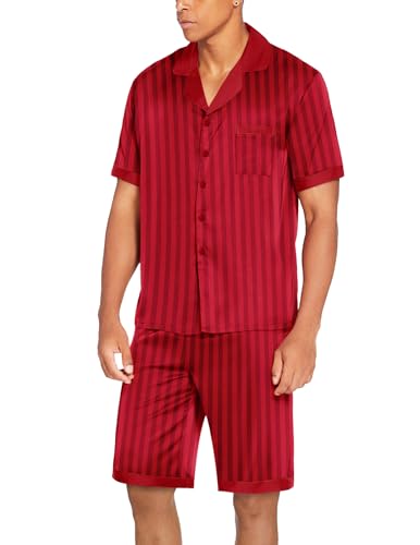 Image of Ekouaer Mens Satin Pajamas Set Button-Down Short /Long Sleeve Shirt Top Soft Silk Sleepwear Loose Pocket Pant Loungewear