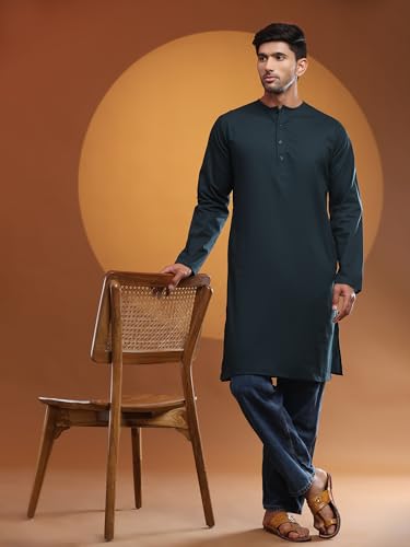 Image of Amazon Brand - Anarva Men's Cotton Solid Round Neck Kurta Long Sleeves Straight Knee Length Casual Shirt