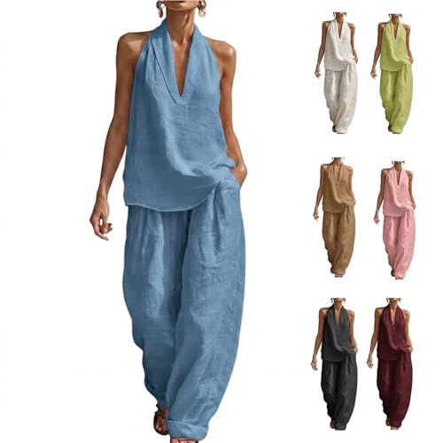 Womens Linen 2 Piece Sets,Sleeveless V Neck Top and Wide Leg Pants,Summer Two Piece Going Out Vacation,Casual Style (Royal Blue,