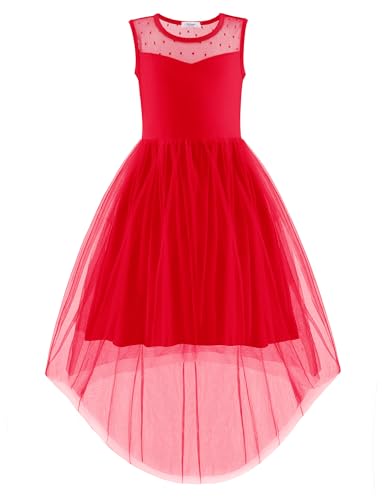Image of Arshiner Girls Dresses Formal Party Wedding Tulle Sleeveless Contrast Mesh High Low Dress with Belt