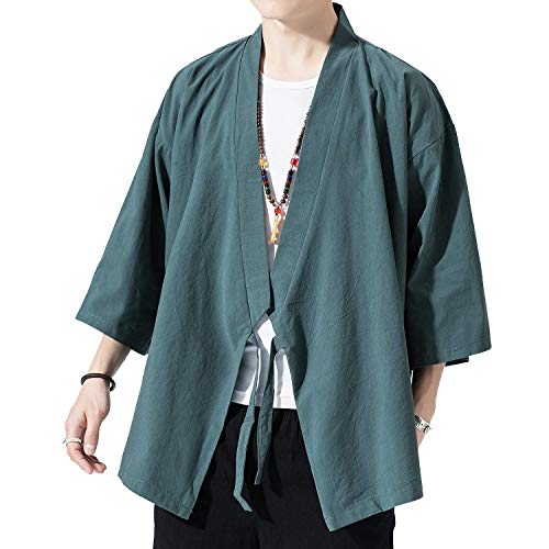 Image of PRIJOUHE Men's Kimono Jackets Cardigan Lightweight Casual Cotton Blends Linen Seven Sleeves Open Front Coat Outwear