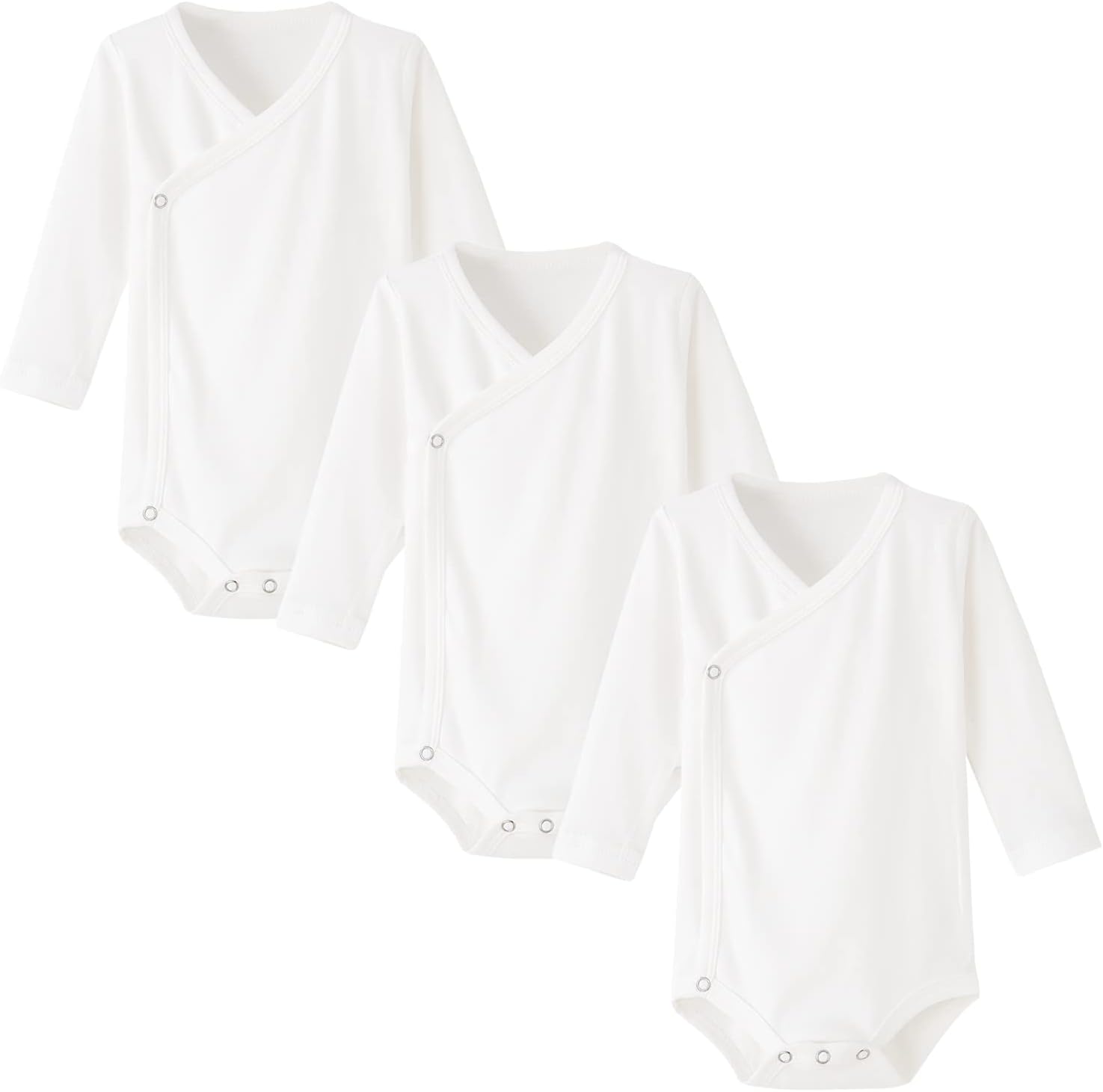 ACESTAR Baby Boy Girl Side Snap Bodysuits - 100% Cotton Plain Long Sleeve Baby Kimono for Newborn-12 Months, 3 Pack