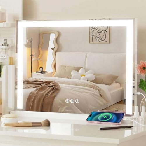 JXMILO Schminkspiegel mit Beleuchtung 58x44cm – LED Hollywood Spiegel dimmbar 3 Modi, Touch-Schalter Kosmetikspiegel für Schminktisch,10X Vergrößerungl für Schminktisch beleuchteter Spiegel