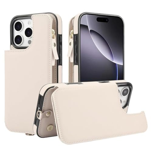 Étui portefeuille iPhone 17 cuir blanc fermeture éclair support sangle antichoc complet