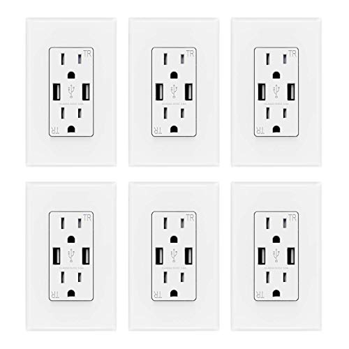 ELEGRP USB Charger Wall Outlet, Dual High Speed 3.6 Amp USB Ports, 15 Amp Duplex Tamper Resistant Receptacle Plug NEMA 5-15R, Wall Plate Included, UL Listed (6 Pack, Glossy White)