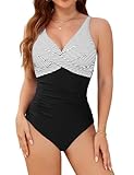 heekpek Bañadores Mujer Reductores Cuello en V Traje de Baño Una Pieza Vientre Plano Cintura Alto Entero Bañador Natacion con Relleno y Push Up, Rayas Negras, XL