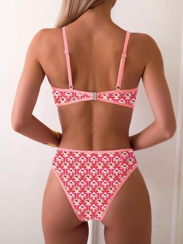 Image of Fanuerg Women's Triangle Bikini Sets O Ring Linked Two Piece Swimsuits Floral Printed Cheeky Bathing Suit