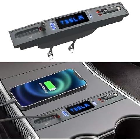 Qoope Tesla Car USB Charger Multi Port for Tesla Model 3 Model Y Accessories 2024 2023 2022 2021 with Fast Charger Retractable Cable Docking Station Tesla USB Hub(Not Fit Model 3 2024) Cover