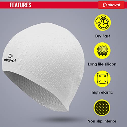 Image of Airavat Swim Bubble Cap, Silicone Swim Cap, Comfortable Bathing Cap Ideal for Curly Short Medium Long Hair, Swimming Cap for Women and Men (White)
