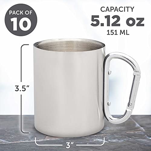 Discount Promos Stainless Steel Mugs With Carabiner Handle 10 Oz. Set Of 10, Bulk Pack - Perfect For Coffee, Soda, Other Hot & Cold Beverages - Silver #TOP4