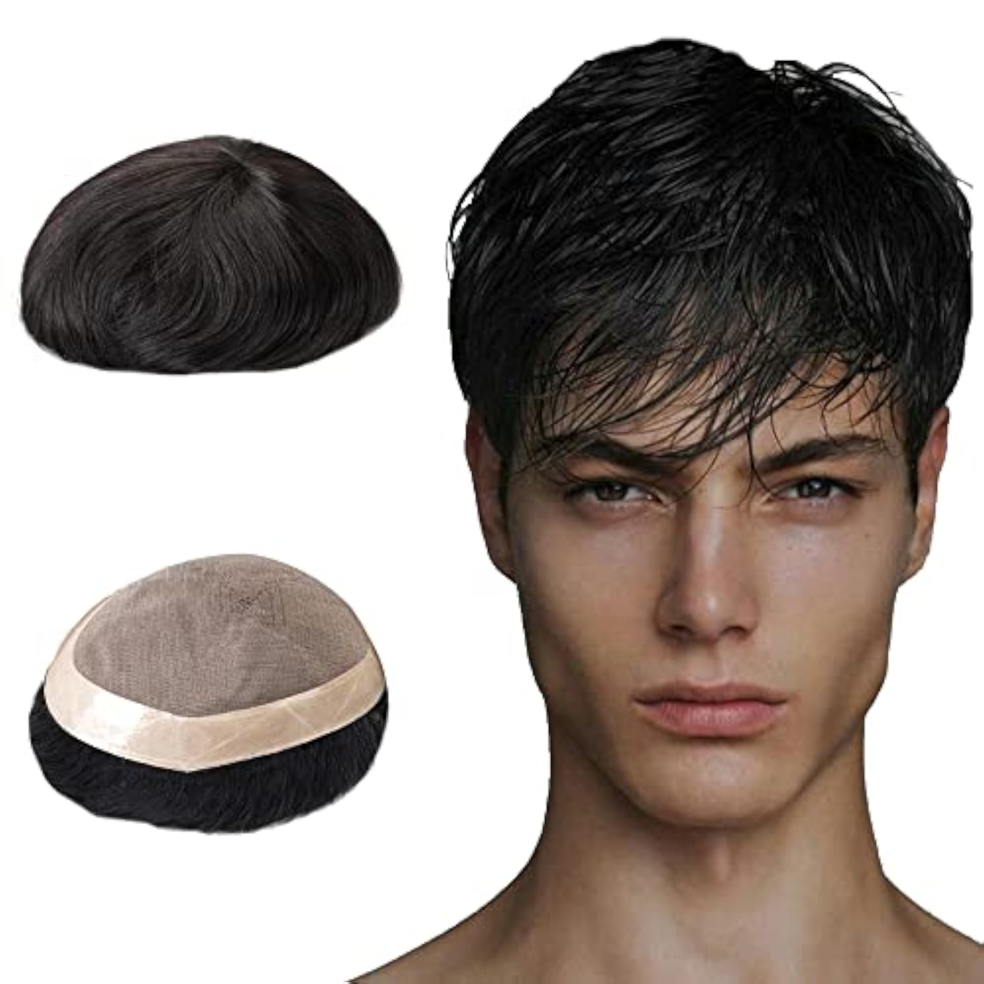 Hair Toupee for Men, PU Base Off Black 1B#