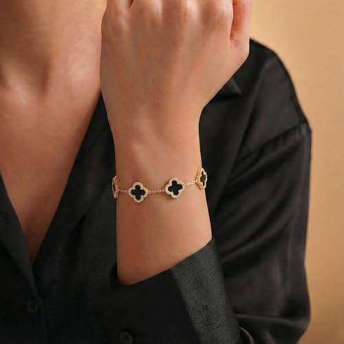 Image of Billet-doux 14k Gold Plated Clovers Bracelet with Sparkling Cubic Zirconia Stones, Non-Tarnish Gold Plated Four Leaf Clover Bracelet, Mother's Day Jewelry Gifts for Women