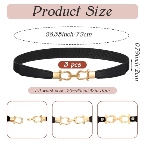 3 Pcs Skinny Elastic Belts for Women Thin Retro Stretch Waist Belt with Golden Buckle Adjustable Dress Body Waists Belt for Women Dresses Jeans Trousers Jewelry Accessories2