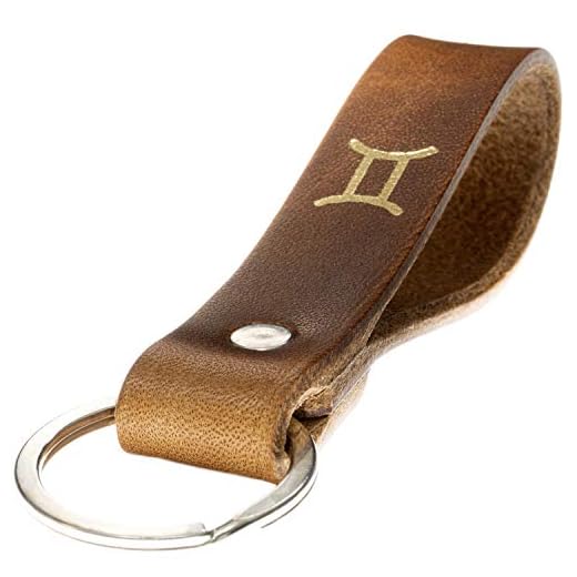 ELBERCRAFT® Schlüsselanhänger Leder Sternzeichen ZWILLINGE – Handgefertigter Glücksbringer aus Rindsleder – Braun