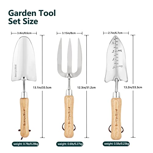 Berry&Bird Garden Tool Set- 3PCS Stainless Steel Gardening Tool Sets with Wooden Handle Trowel Weeding Fork & Digging Shovel Hand Tool Kit for Planting, Ideal Gardening Gift for Women & Men - Thumbnail 3