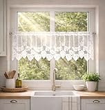 KAMACA Cafehausgardine Jacquard Bistrogardine Weiße Küchengardine Halbtransparent Moderner Kurzstore Scheibengardine für Küche & Bad Lichtdurchlässiger Sichtschutz (HxB 30x200 cm Café Blanc)
