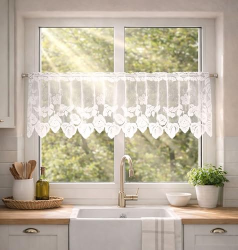 KAMACA Rideau de bistrot jacquard blanc semi-transparent moderne pour cuisine et salle de bain - Brise-vue transparent - Brise-vue (H x l x l) : 30 x 200 cm -...