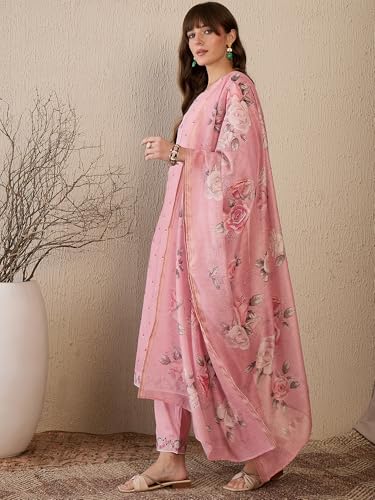 Image of INDO ERA Women's Linen Embroidered Straight Kurta and Pant with Dupatta Set (KH9PK9800)