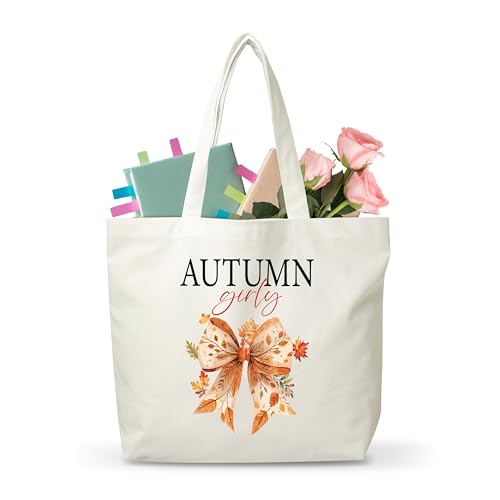 Fall Tote Bag with Leaves and Bow, Reusable Grocery Bag
