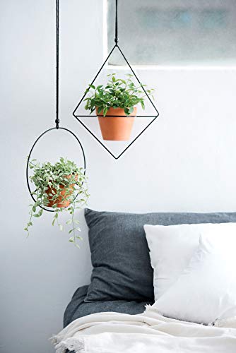 Mkono Boho Hanging Planter, Set Of 2 Metal Plant Hanger With Plastic Pots, Modern Mid Century Flower Pot Plant Holder In Diamond And Circle Shape, Fits 6 Inch Planter (Plastic Pots Included), Black #TOP3