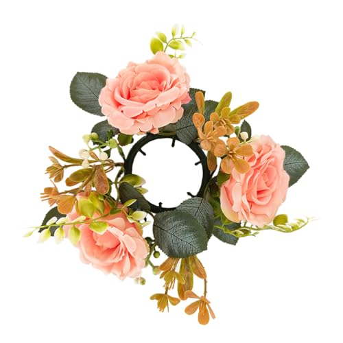 LOGOFUN Artificial Rose Candle Rings Wreaths Faux Silk Floral Candle Holder Rings Small Rose Flower Candle Ring Wreath for Wedding Birthday Party Decoration - Champagne