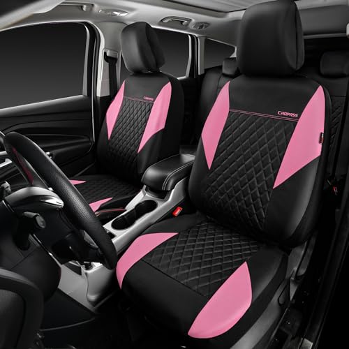 Image of CAR PASS Pink Leather Seat Covers,Girly Quilting Pretty Cute Car Seat Cover with 5mm Composite Sponge Inside,Airbag Compatible, Universal Fit for Most Sedan,SUV,Vans(Full Set,Pink)