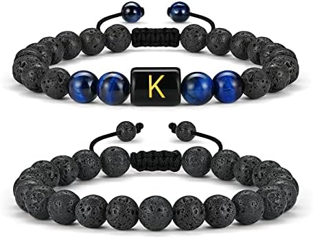 Mens Bracelets, 8mm Blue Tiger Eye Bracelets Mens Lava Rock Bracelets for Men Letter K Bracelets Mens Bracelet Beads Anxiety Bracelet Initial Bracelet for Mens Beaded Bracelets for Mens Jewelry Gifts