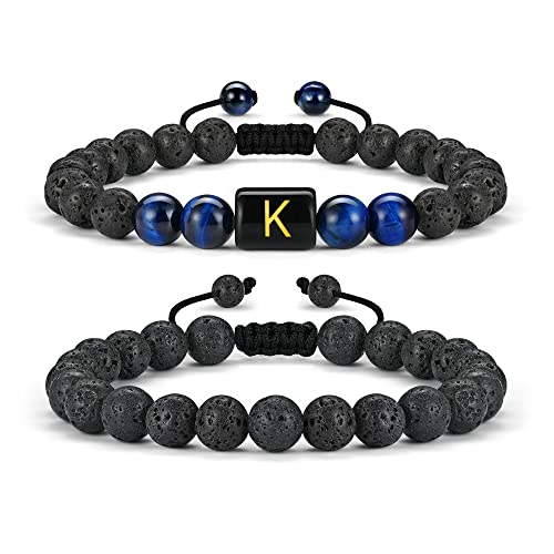 Mens Bracelets, 8Mm Blue Tiger Eye Bracelets Mens Lava Rock Bracelets For Men Letter K Bracelets Mens Bracelet Beads Anxiety Bracelet Initial Bracelet For Mens Beaded Bracelets For Mens Jewelry Gifts #TOP15
