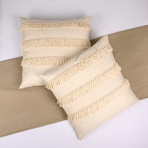 Ecru/Beige Boho Euro Shams Set of 2 26x26 Macrame Fringe 100% Cotton Shabby Chic Farm House European Pillowcases Zipper Closure by JNG Kraftlab