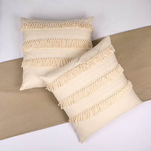 Ecru/Beige Boho Euro Shams Set Of 2 26X26 Macrame Fringe 100% Cotton Shabby Chic Farm House European Pillowcases Zipper Closure By Jng Kraftlab #TOP24