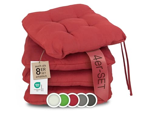 ZOLLNER 4er Set Sitzkissen in 38x38cm - gemütliche Stuhlkissen mit Bindebänder - waschbar bis 30°C - in rot - Oeko Tex® Zertifiziert