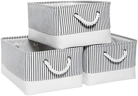 Mangata Collapsible Storage Boxes, Large Canvas Storage Baskets with Rope Handles, 3 Pack (Blue Stripe, Large)