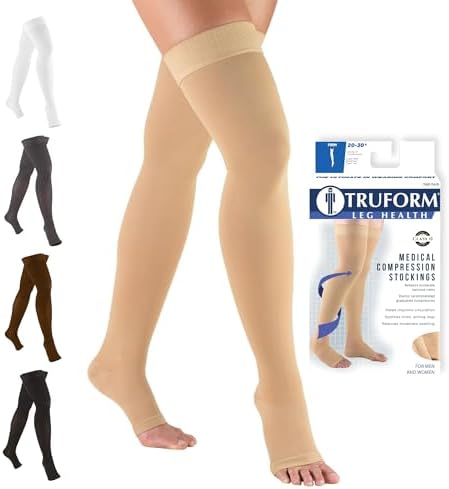 Truform 20-30 mmHg Compression Stockings for Men and Women, Thigh High Length, Dot-Top, Open Toe