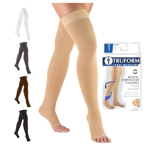 Truform 20-30 mmHg Compression Stockings for Men and Women, Thigh High Length, Dot-Top, Open Toe, Beige, Large
