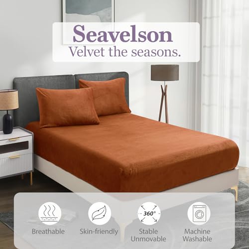 Seavelson Velvet Fitted Sheet Only(No Pillowcases) Luxury Waffle Grid Fleece Bottom Sheet with 18" Deep Pocket,Ultra Soft Strong Elastic Band Bedding Suitable for Fall Winter (Burnt Sugar, Twin XL) by Seavelson - Image 4