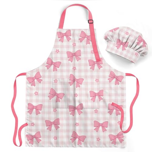 SANDJEST Bow Kid Apron for Girls with Pocket & Chef Hat Polyester Cooking Baking Art Gardening Apron Gift for Christmas Birthday
