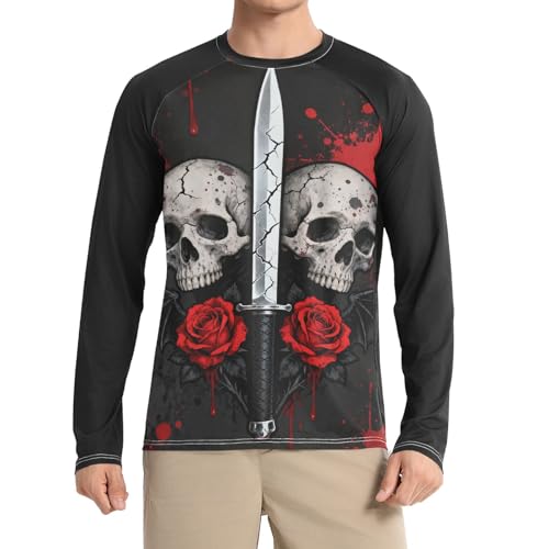 T-shirt anti-UV UPF 50+ gothique squelette rose manche longue et col rond ample