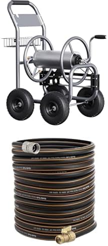 Giraffe Tools Garden Hose Reel with 4 Wheels+Giraffe Tools Hybrid Garden Hose 75ft x 5/8", Female and male Fittings with Shut off Valve, Heavy Duty, Flexible,Leakproof