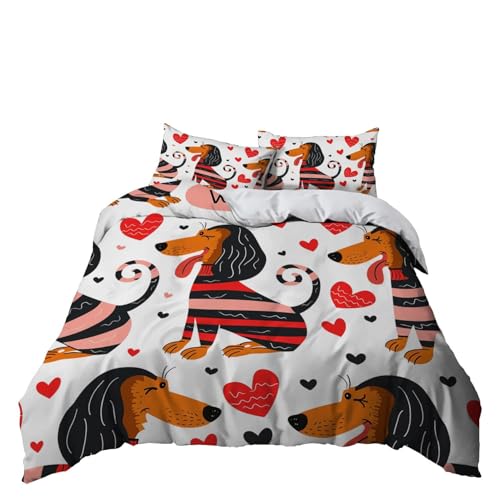 Juego de Ropa de Cama de 3 Piezas Funda Nordica 240x220 cm Perro Salchicha Animal de Dibujos Animados Microfibra Suave Transpirable Vistoso Juego de Funda Nórdica para Niños y Adultos - Cama 150