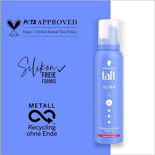 Schwarzkopf TAFT pianka do włosów Ultra (150 ml), stopień utrzymania 4, pianka do włosów do wszystkich rodzajów włosów, wzmacnia włosy, wegańska formuła*