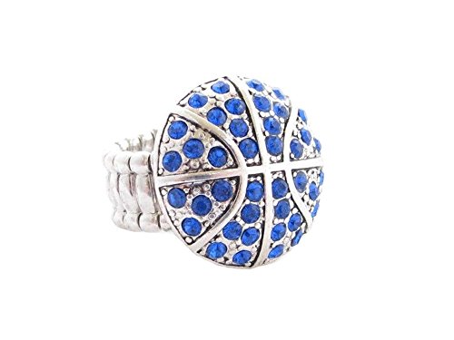 Sports Accessory Store Basketball Blue Crystals Silver Plated Fashion Stretch Ring