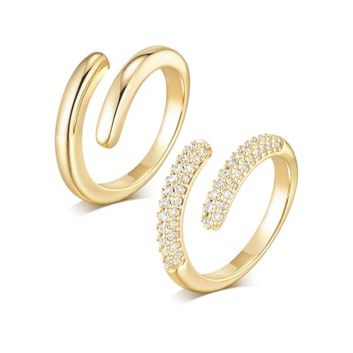 Goxygen Stackable Gold Rings Set for Women - 14K Gold Plated Cubic Zirconia Adjustable Open Bands, Dainty Trendy Stacking Rings, Anniversary Christmas Birthday Jewelry Gift for Her