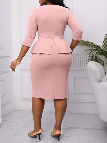 Image of Runwind Plus Size Dresses for Curvy Women, Work Church Professional Office Vintage Peplum Pencil Dress V Neck 3 /4 Sleeve