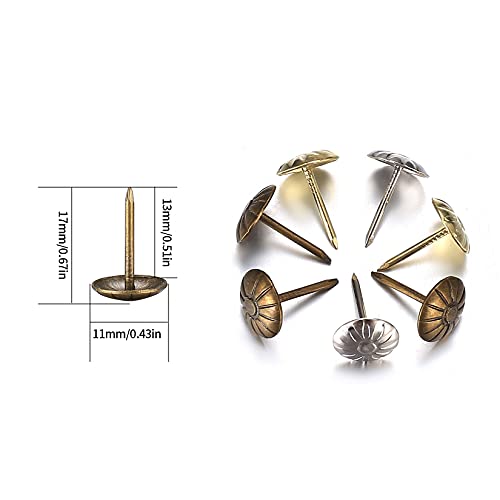 450 Stück Polsternägel, Möbel Dekorative Reißnägel, Ziernägel Push Pins, Reißzwecken für Sofa, Stuhl, Sessel, Bett Antik - 11x17mm/Bronze, Gold, Silber