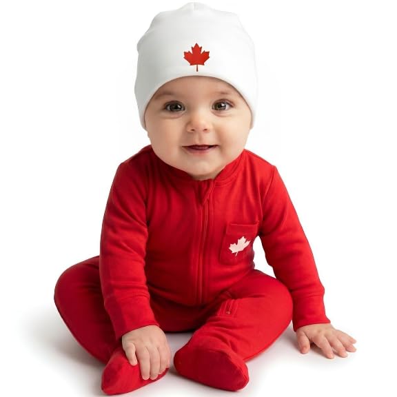 2-Piece Baby Canada Set, Custom Handmade Canada Maple Leaf Long Sleeve Footed Zippered Baby Bodysuit and Hat Set (Bright Red, 3-6 months)