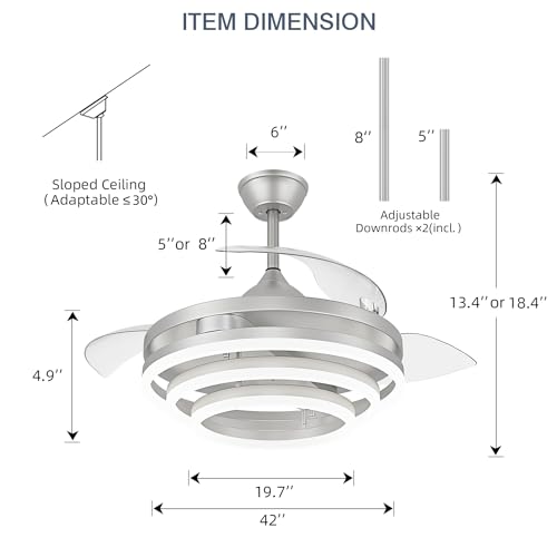 FIDGRA 42'' Retractable Chandelier Ceiling Fan with Light, Silver by FIDGRA - Used condition - Image 6