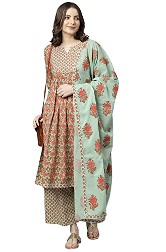 Image of Janasya Women's Light Green Cotton Kurta With Palazzo And Dupatta