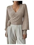 SHENHE Women's Casual V Neck Wrap Sweater Pullover Long Sleeve Slim Fit Knit Crop Top Sweater Khaki Large