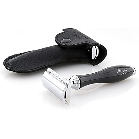 Haryali London Safety Razor - Double Edge Safety Razor - Elegant and Unique Design Saftey Razors - Black Color - Black Leather Pouch - Safety Razors for Men and Women Cover