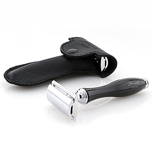 Haryali London Safety Razor - Double Edge Safety Razor - Elegant and Unique Design Saftey Razors - Black Color - Black Leather Pouch - Safety Razors for Men and Women